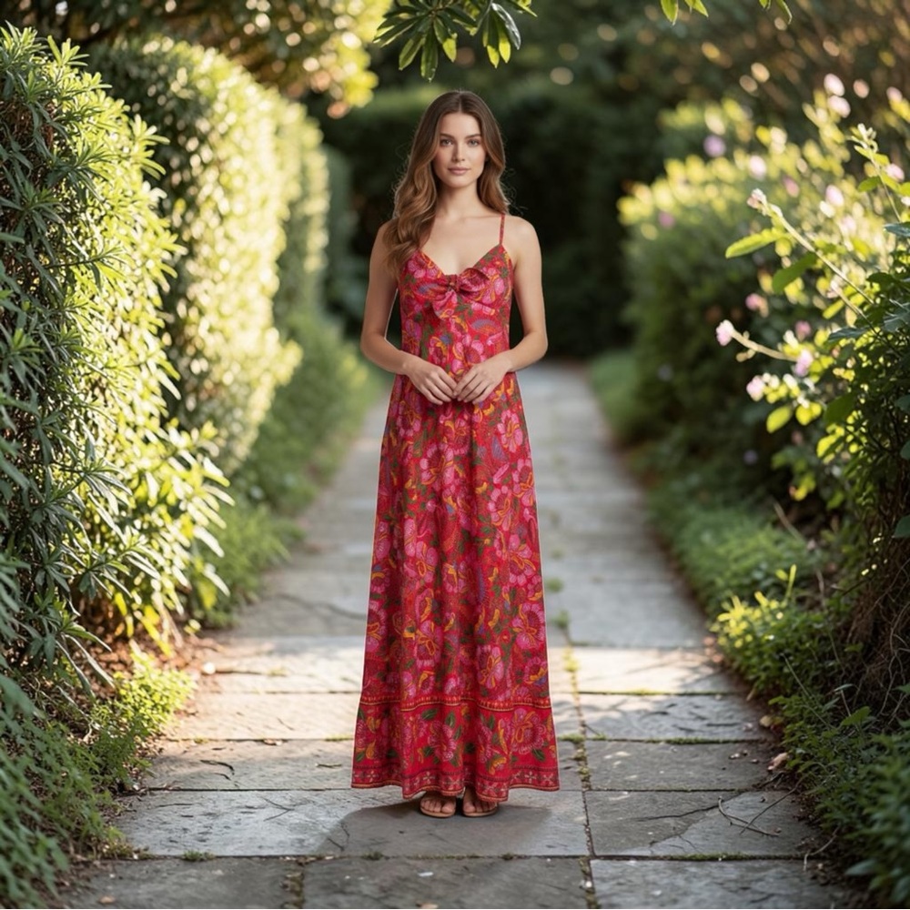 FARM Rio Pink & Red Paisley Maxi Dress with Spaghetti Straps